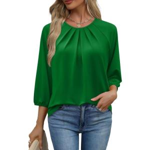 image:imageWIHOLL 34 Length Sleeve Womens Tops Pleated Front Crew Neck Blouses Dressy Casual Business Casual Spring Summer Shirts S3XL06  Green