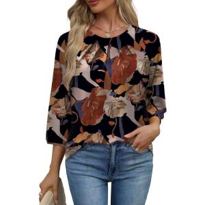 image:imageWIHOLL 34 Length Sleeve Womens Tops Pleated Front Crew Neck Blouses Dressy Casual Business Casual Spring Summer Shirts S3XL08  Floral Print