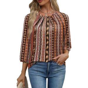 image:imageWIHOLL 34 Length Sleeve Womens Tops Pleated Front Crew Neck Blouses Dressy Casual Business Casual Spring Summer Shirts S3XL09  Brown Tribal