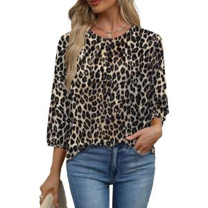 image:imageWIHOLL 34 Length Sleeve Womens Tops Pleated Front Crew Neck Blouses Dressy Casual Business Casual Spring Summer Shirts S3XL10  Leopard Print