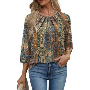 image:imageWIHOLL 34 Length Sleeve Womens Tops Pleated Front Crew Neck Blouses Dressy Casual Business Casual Spring Summer Shirts S3XL12  Blue Boho Stripe