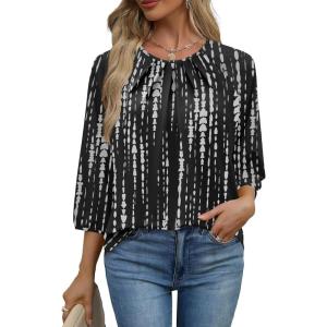 image:imageWIHOLL 34 Length Sleeve Womens Tops Pleated Front Crew Neck Blouses Dressy Casual Business Casual Spring Summer Shirts S3XL13  Black White Tie Dye