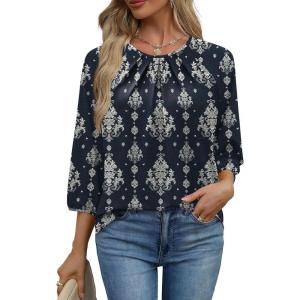 image:imageWIHOLL 34 Length Sleeve Womens Tops Pleated Front Crew Neck Blouses Dressy Casual Business Casual Spring Summer Shirts S3XL14  Navy Vintage Floral