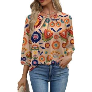 image:imageWIHOLL 34 Length Sleeve Womens Tops Pleated Front Crew Neck Blouses Dressy Casual Business Casual Spring Summer Shirts S3XL16  Beige Retro Floral