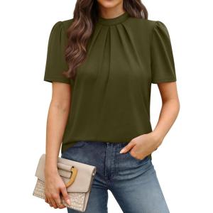 image:imageWIHOLL Womens Tops Short Puff Sleeve Shirts Mock Neck Pleated Spring Blouses Dressy Casual Business Casual Summer Outfits01  Army Green
