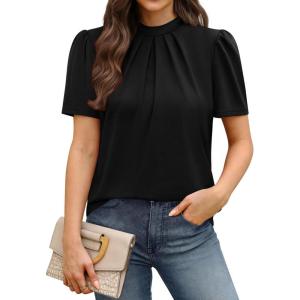 image:imageWIHOLL Womens Tops Short Puff Sleeve Shirts Mock Neck Pleated Spring Blouses Dressy Casual Business Casual Summer Outfits01  Black