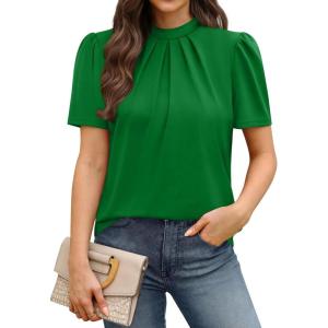 image:imageWIHOLL Womens Tops Short Puff Sleeve Shirts Mock Neck Pleated Spring Blouses Dressy Casual Business Casual Summer Outfits01  Green