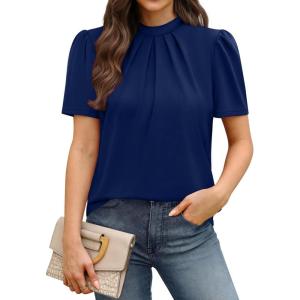 image:imageWIHOLL Womens Tops Short Puff Sleeve Shirts Mock Neck Pleated Spring Blouses Dressy Casual Business Casual Summer Outfits01  Navy Blue