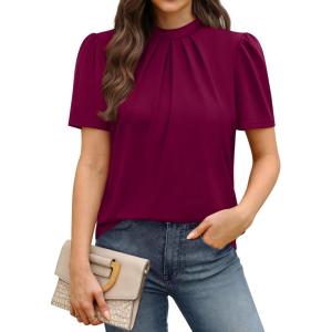 image:imageWIHOLL Womens Tops Short Puff Sleeve Shirts Mock Neck Pleated Spring Blouses Dressy Casual Business Casual Summer Outfits01  Purple Red