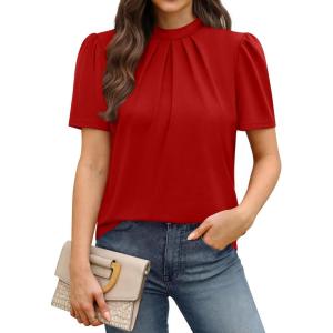 image:imageWIHOLL Womens Tops Short Puff Sleeve Shirts Mock Neck Pleated Spring Blouses Dressy Casual Business Casual Summer Outfits01  Red