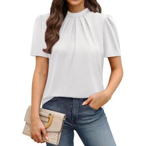 image:imageWIHOLL Womens Tops Short Puff Sleeve Shirts Mock Neck Pleated Spring Blouses Dressy Casual Business Casual Summer Outfits01  White
