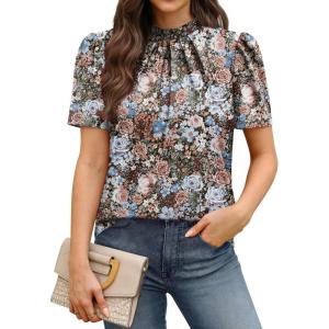 image:imageWIHOLL Womens Tops Short Puff Sleeve Shirts Mock Neck Pleated Spring Blouses Dressy Casual Business Casual Summer Outfits02  Boho Garden Floral