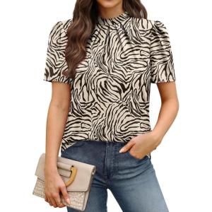 image:imageWIHOLL Womens Tops Short Puff Sleeve Shirts Mock Neck Pleated Spring Blouses Dressy Casual Business Casual Summer Outfits02  Coffee Zebra
