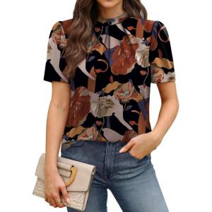 image:imageWIHOLL Womens Tops Short Puff Sleeve Shirts Mock Neck Pleated Spring Blouses Dressy Casual Business Casual Summer Outfits02  Floral Print