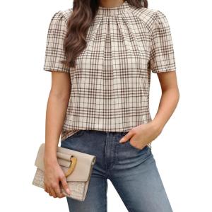 image:imageWIHOLL Womens Tops Short Puff Sleeve Shirts Mock Neck Pleated Spring Blouses Dressy Casual Business Casual Summer Outfits02  Khaki Plaid