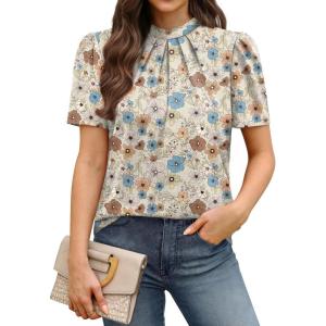 image:imageWIHOLL Womens Tops Short Puff Sleeve Shirts Mock Neck Pleated Spring Blouses Dressy Casual Business Casual Summer Outfits02  Retro Cream Floral
