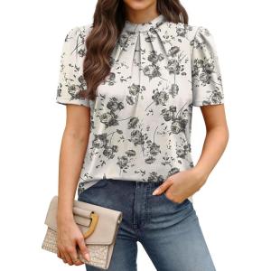 image:imageWIHOLL Womens Tops Short Puff Sleeve Shirts Mock Neck Pleated Spring Blouses Dressy Casual Business Casual Summer Outfits02  White Floral