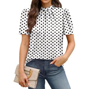 image:imageWIHOLL Womens Tops Short Puff Sleeve Shirts Mock Neck Pleated Spring Blouses Dressy Casual Business Casual Summer Outfits02  White Polka Dot
