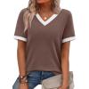 image:imageWIHOLL Short Sleeve Sweater for Women V Neck Spring Summer Tops 2026 Work Business Casual Outfits Trendy ClothesColor Block Coffee