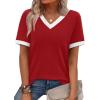image:imageWIHOLL Short Sleeve Sweater for Women V Neck Spring Summer Tops 2026 Work Business Casual Outfits Trendy ClothesColor Block Red