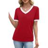 image:imageWIHOLL Short Sleeve Sweater for Women V Neck Spring Summer Tops 2026 Work Business Casual Outfits Trendy ClothesColor Block Red