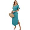 image:imageWIHOLL Summer Dresses for Women Short Sleeve Maxi Dresses V Neck Sundress with Side Slit Pockets Casual Beach DressBlue