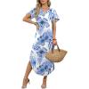 image:imageWIHOLL Summer Dresses for Women Short Sleeve Maxi Dresses V Neck Sundress with Side Slit Pockets Casual Beach DressFloral Blue