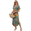image:imageWIHOLL Summer Dresses for Women Short Sleeve Maxi Dresses V Neck Sundress with Side Slit Pockets Casual Beach DressFloral Coconut Leaves
