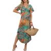 image:imageWIHOLL Summer Dresses for Women Short Sleeve Maxi Dresses V Neck Sundress with Side Slit Pockets Casual Beach DressFloral Coconut Leaves