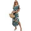 image:imageWIHOLL Summer Dresses for Women Short Sleeve Maxi Dresses V Neck Sundress with Side Slit Pockets Casual Beach DressFloral Palm Leaf