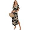 image:imageWIHOLL Summer Dresses for Women Short Sleeve Maxi Dresses V Neck Sundress with Side Slit Pockets Casual Beach DressFloral Tropical Leaves