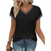 image:imageWIHOLL Womens Summer Tops 2026 Cap Short Sleeve Shirs V Neck T Shirts Fashion Beach Vacation Clothes Color BlockBlack