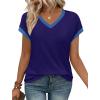image:imageWIHOLL Womens Summer Tops 2026 Cap Short Sleeve Shirs V Neck T Shirts Fashion Beach Vacation Clothes Color BlockNavy