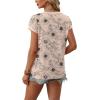 image:imageWIHOLL Womens Summer Tops 2026 Cap Short Sleeve Shirs V Neck T Shirts Fashion Beach Vacation Clothes Color BlockPrint Beige