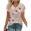 image:imageWIHOLL Womens Summer Tops 2026 Cap Short Sleeve Shirs V Neck T Shirts Fashion Beach Vacation Clothes Color BlockPrint Beige