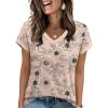 image:imageWIHOLL Womens Summer Tops 2026 Cap Short Sleeve Shirs V Neck T Shirts Fashion Beach Vacation Clothes Color BlockPrint Beige