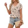 image:imageWIHOLL Womens Summer Tops 2026 Cap Short Sleeve Shirs V Neck T Shirts Fashion Beach Vacation Clothes Color BlockPrint Beige