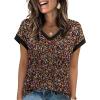 image:imageWIHOLL Womens Summer Tops 2026 Cap Short Sleeve Shirs V Neck T Shirts Fashion Beach Vacation Clothes Color BlockPrint Black Floral