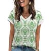 image:imageWIHOLL Womens Summer Tops 2026 Cap Short Sleeve Shirs V Neck T Shirts Fashion Beach Vacation Clothes Color BlockPrint Green