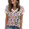 image:imageWIHOLL Womens Summer Tops 2026 Cap Short Sleeve Shirs V Neck T Shirts Fashion Beach Vacation Clothes Color BlockPrint White