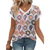 image:imageWIHOLL Womens Summer Tops 2026 Cap Short Sleeve Shirs V Neck T Shirts Fashion Beach Vacation Clothes Color BlockPrint White