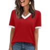 image:imageWIHOLL Short Sleeve Sweater for Women V Neck Spring Summer Tops 2026 Work Business Casual Outfits Trendy ClothesColor Block Red