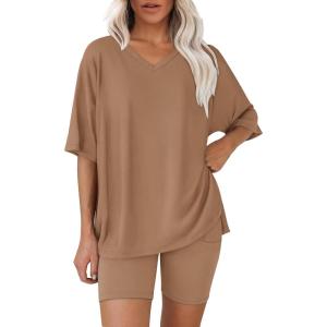 image:imageWIHOLL 2 Piece Lounge Sets for Women Summer Oversized Tshirts Biker Shorts Casual Airport Vacation OutfitsCoffee