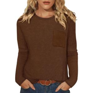 image:imageWIHOLL Long Sleeve Shirts for Women Waffle Knit Trendy Spring Fashion 2026 Dressy Casual Blouses Teacher OutfitsBrown