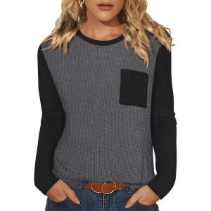 image:imageWIHOLL Long Sleeve Shirts for Women Waffle Knit Trendy Spring Fashion 2026 Dressy Casual Blouses Teacher OutfitsColor Block Grey