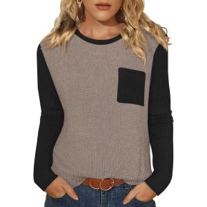 image:imageWIHOLL Long Sleeve Shirts for Women Waffle Knit Trendy Spring Fashion 2026 Dressy Casual Blouses Teacher OutfitsColor Block Khaki