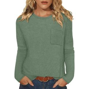 image:imageWIHOLL Long Sleeve Shirts for Women Waffle Knit Trendy Spring Fashion 2026 Dressy Casual Blouses Teacher OutfitsGreen