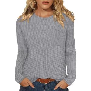image:imageWIHOLL Long Sleeve Shirts for Women Waffle Knit Trendy Spring Fashion 2026 Dressy Casual Blouses Teacher OutfitsGrey