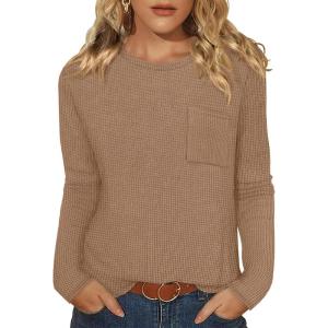 image:imageWIHOLL Long Sleeve Shirts for Women Waffle Knit Trendy Spring Fashion 2026 Dressy Casual Blouses Teacher OutfitsKhaki