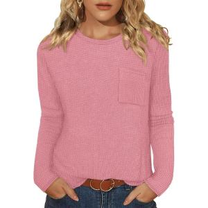 image:imageWIHOLL Long Sleeve Shirts for Women Waffle Knit Trendy Spring Fashion 2026 Dressy Casual Blouses Teacher OutfitsPink